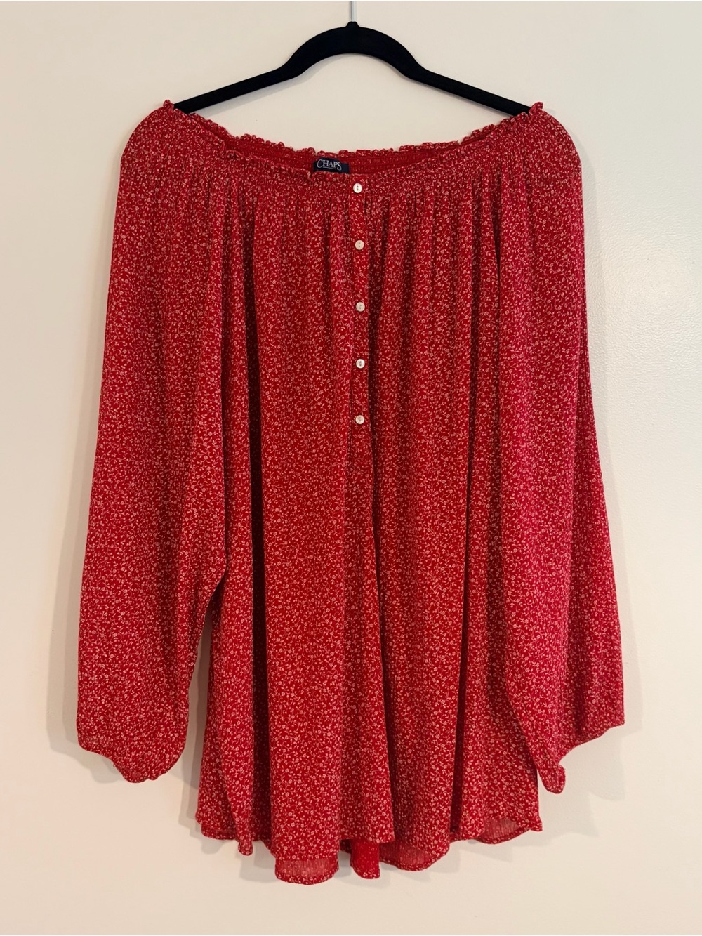 Chaps Red & White Floral Off-Shoulder Peasant Tunic